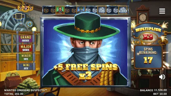 Isang makulay na eksena mula sa slot na Unusual Suspects Cartel Cash na nagpapakita ng cartel theme.